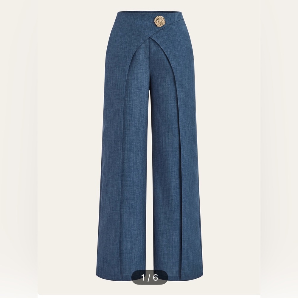 Elegant Blue Wide-Leg Women's Pants With Gold Detail